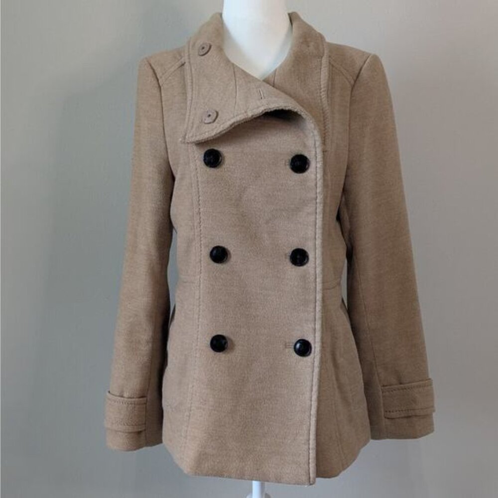 H&M Khaki Tan Double Breasted Peacoat Jacket Size 6 Collared Lined